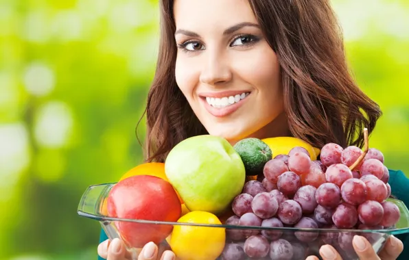 Girl, pose, smile, food, beautiful, fruit