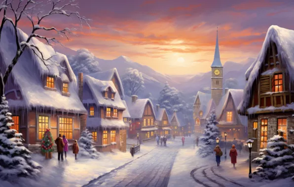 Winter, snow, the city, house, building, home, Christmas, New year