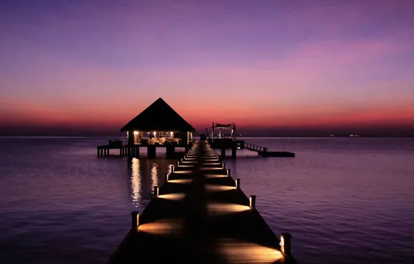 Light, the ocean, the evening, pier, The Maldives, resort, Bungalow, jetty Kanuhura Maldives