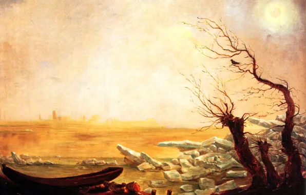 Landscape, tree, bird, picture, Carl Gustav Carus, Boat in Ice Floating Ice