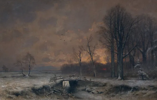 Picture landscape, bridge, picture, Louis Apol, Winter View of the Sunset Between the Trees