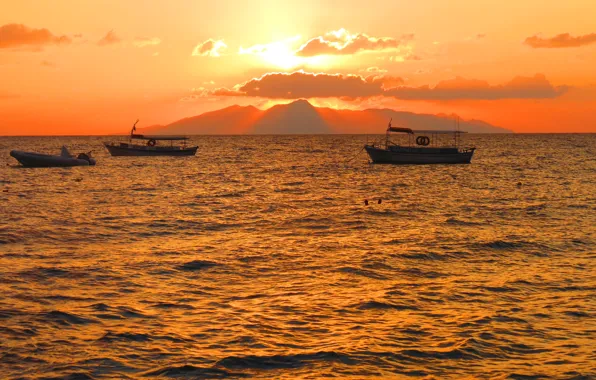 The sun, sunrise, boat, sunrise, Santorini, Kamari, Santorini. dawn