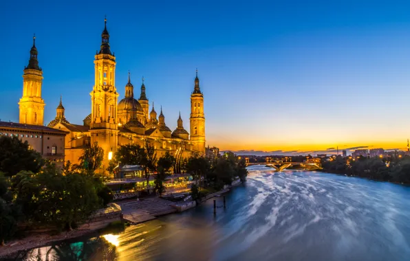 Lights, river, Spain, Basilica, Zaragoza, Nuestra Señora del Pilar
