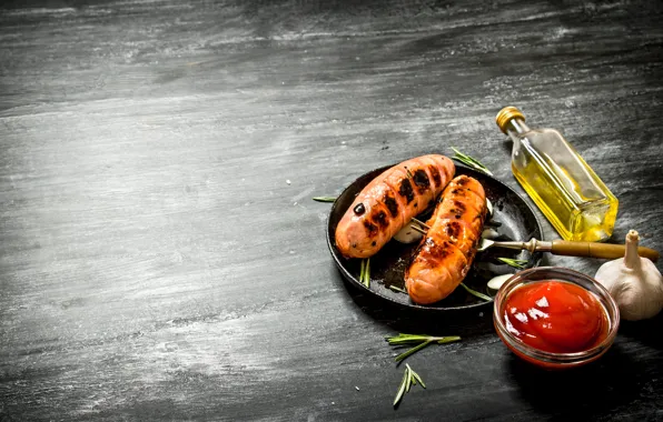 Table, food, sauce, spices, sausages, Spices, grill, Sausages