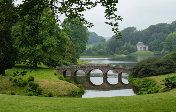 Trees, bridge, lake, England, panorama, Stored, England, Wiltshire