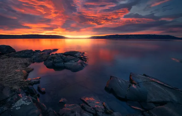 Mountains, lake, sunrise, stones, dawn, Norway, Norway, Lake Tyri