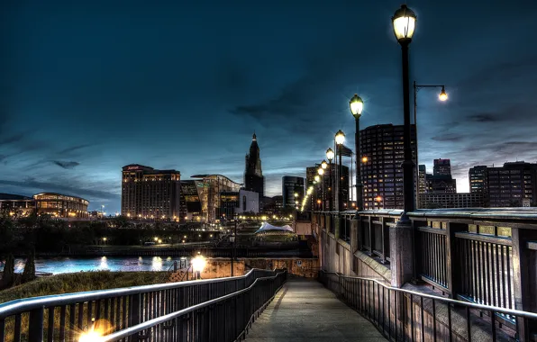 Night, bridge, HDR, lights, USA, America, Hartford