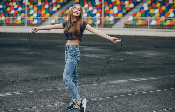 Girl, sexy, woman, young, model, jeans, long-haired, sneakers