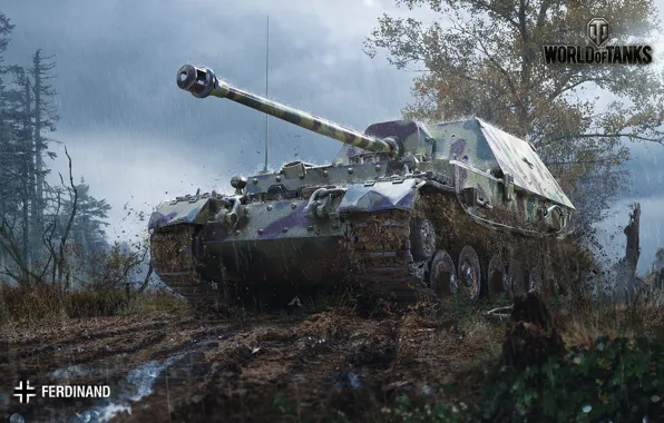 Picture road, forest, clouds, rain, dirt, slush, World of Tanks, Ferdinand