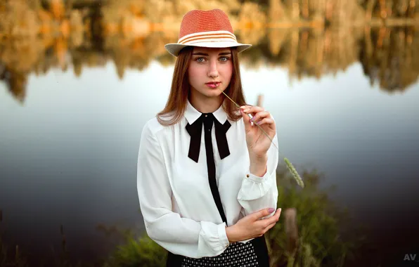Picture forest, trees, pose, river, background, model, portrait, hat