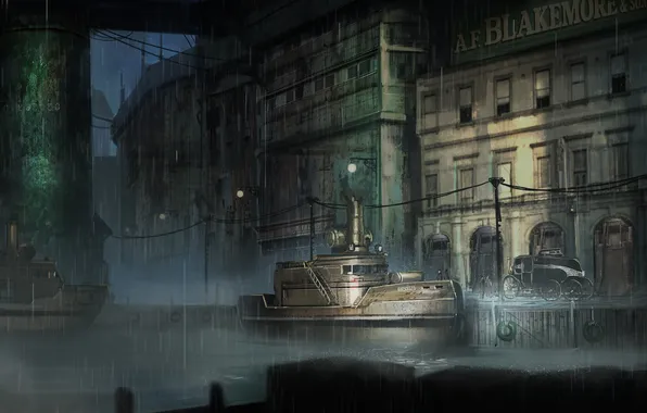 Machine, the city, rain, ship, art, steamer, steampunk, harbour