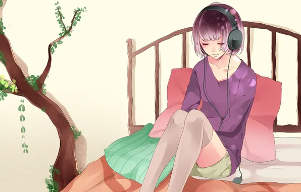 Tree, bed, Girl, pillow, headphones