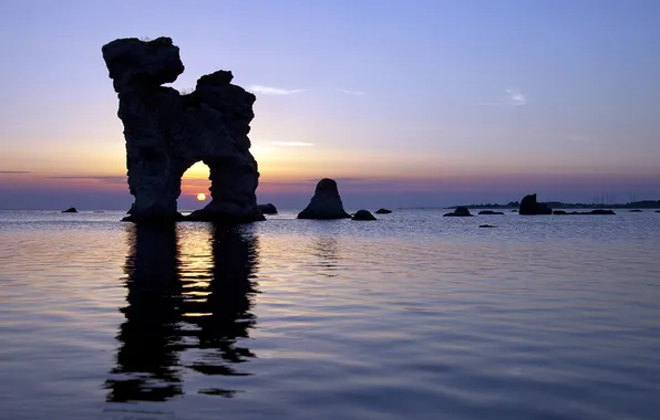 Sea, sunset, rocks, arch, seascape