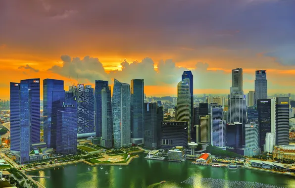 The sun, clouds, sunset, skyscrapers, Singapore