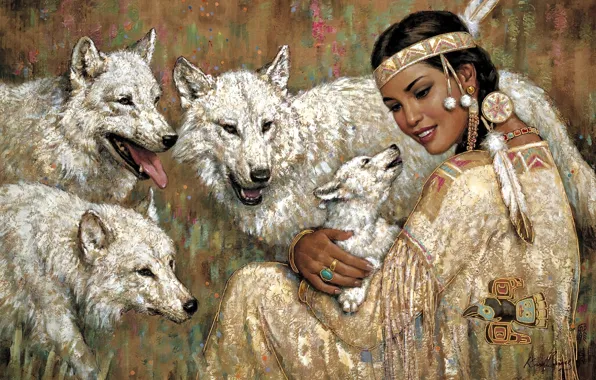 Dogs, girl, painting
