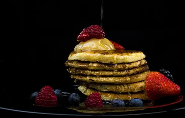 Berries, raspberry, food, blueberries, strawberry, plate, black background, honey