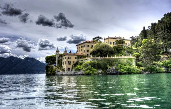 Clouds, trees, mountains, lake, coast, home, hdr, Italy