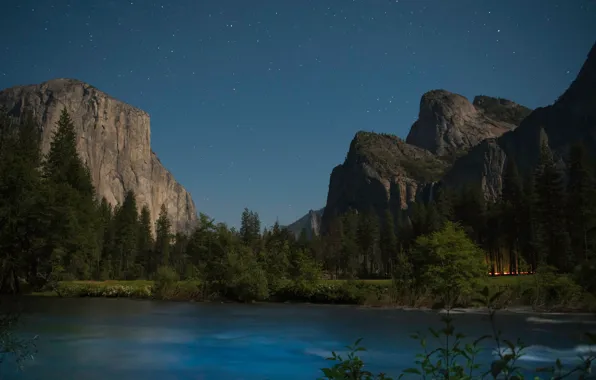 Picture mountains, river, CA, California, Yosemite Valley, Yosemite National Park, Sierra Nevada, starry sky