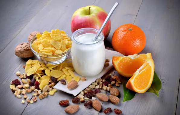 Picture Apple, orange, Breakfast, milk, nuts, almonds, cereal