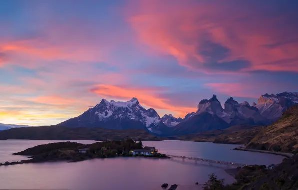 The sky, clouds, mountains, bridge, nature, tops, island, the evening