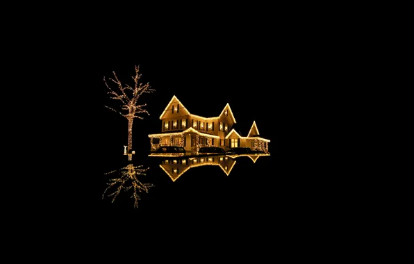 Light, lights, house, reflection, gold, tree, holiday, new year