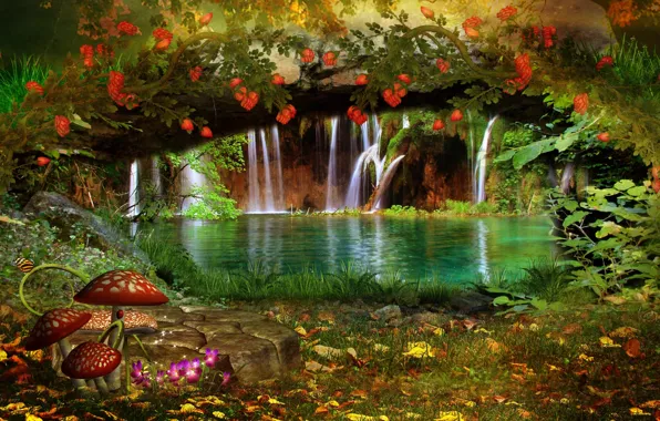 Picture leaves, trees, landscape, flowers, nature, butterfly, mushrooms, waterfall