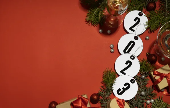 Balls, circles, branches, holiday, wine, glasses, figures, gifts