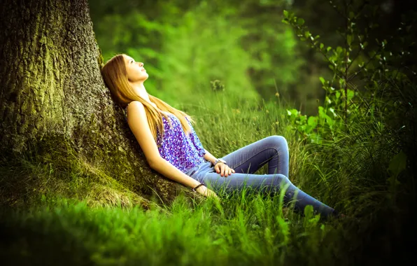 Trees, jeans, blouse, redhead, nature