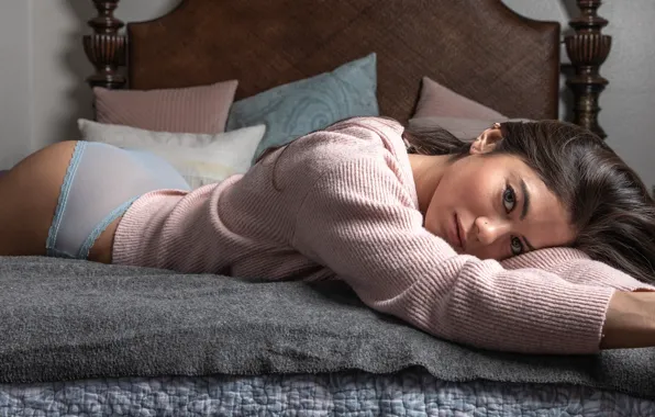 Look, girl, face, pose, panties, bed, jacket, Serina