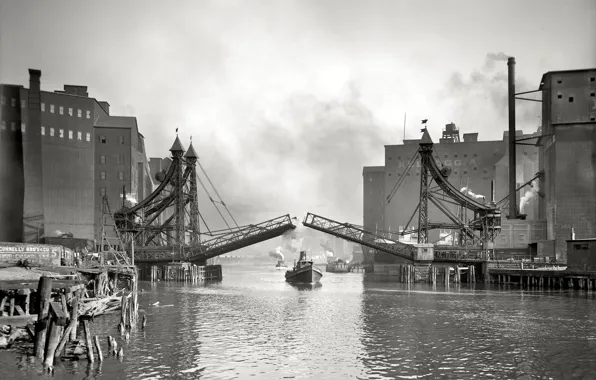 Retro, ship, home, channel, USA, drawbridge