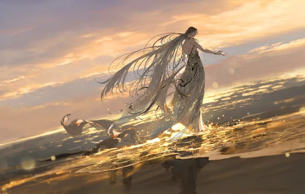 Sea, the sky, girl, the sun, magic, magic, beauty, horizon