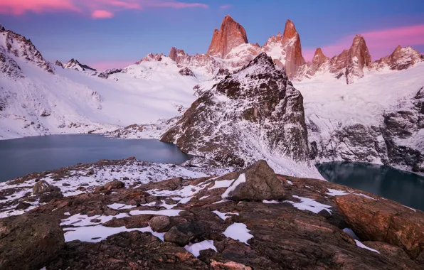 Winter, the sky, snow, landscape, mountains, nature, lake, stones
