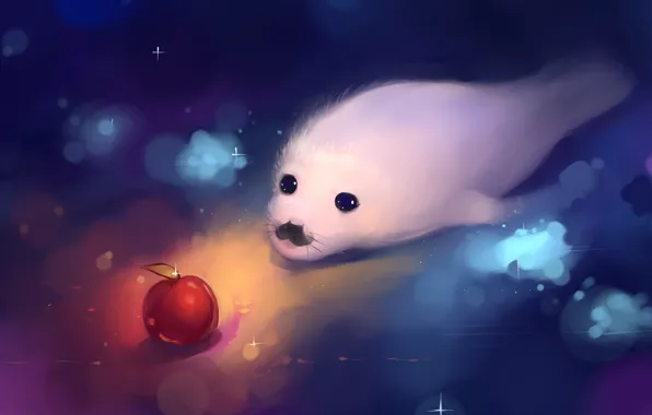 Picture white, Apple, cub, art, Baby seal, marine seal, hangmoon