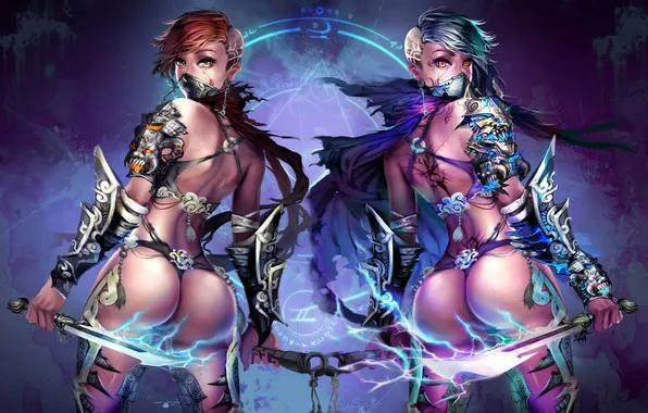 Girl, reflection, art, headband, dagger