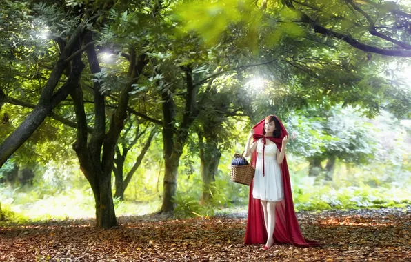 Girl, nature, background, basket