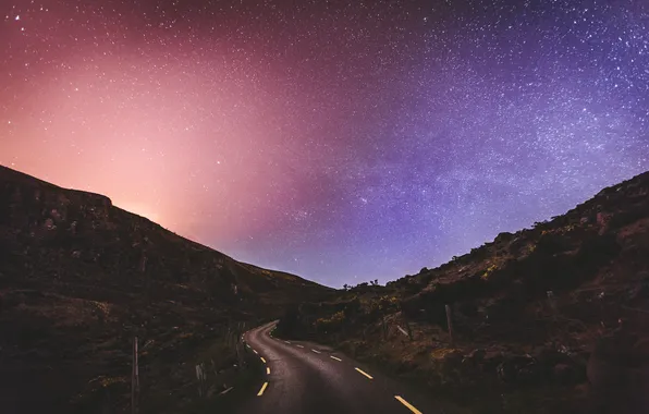 Road, the sky, stars, mountains, night, the fence, the countryside
