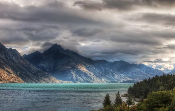 Forest, water, mountains, clouds, river