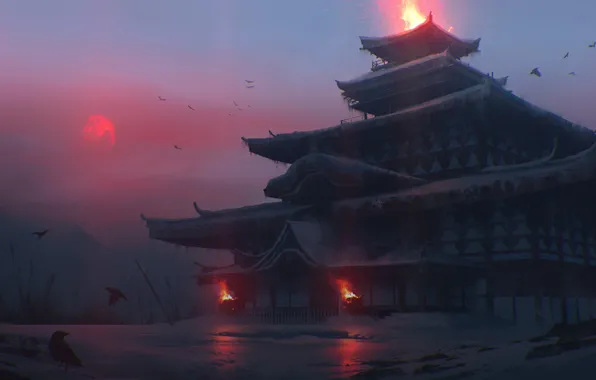 Cold, winter, fire, Japan, temple, twilight, red moon, crow