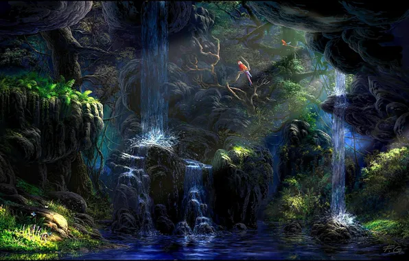Forest, water, rays, trees, birds, waterfall, jungle, Fel-X