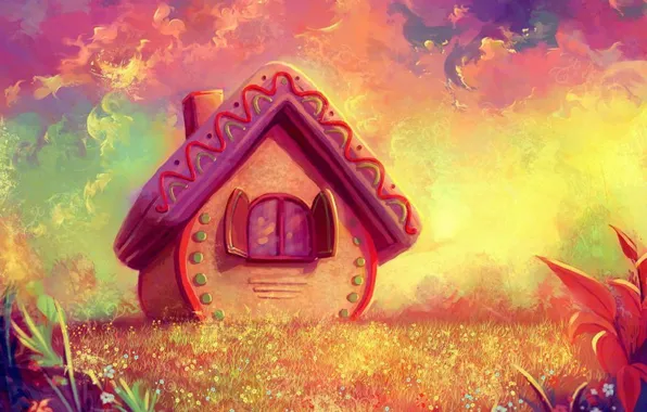 Picture graphics, fairy forest, fairy house, yellow-pink background, fantasy worlds