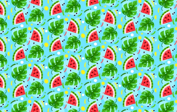 Leaves, texture, watermelon, fruit, seeds, watermelons, blue background, slices