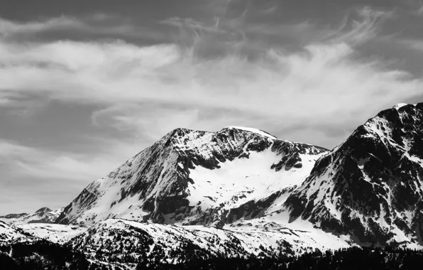 Snow, mountains, black and white