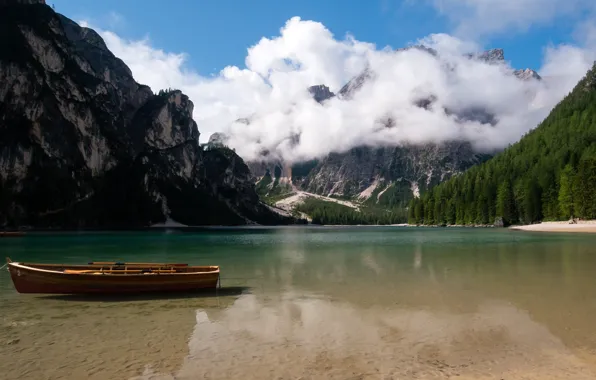 Forest, the sun, clouds, trees, mountains, lake, rocks, boat