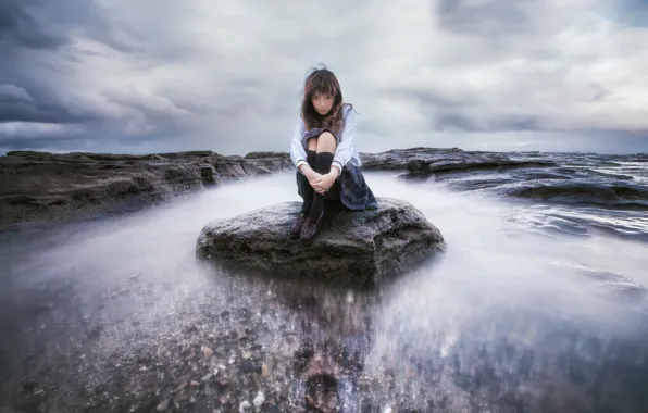 Picture the sky, girl, reflection, stones, Alyonushka