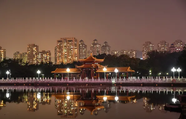 Picture the sky, water, trees, night, lights, reflection, river, home
