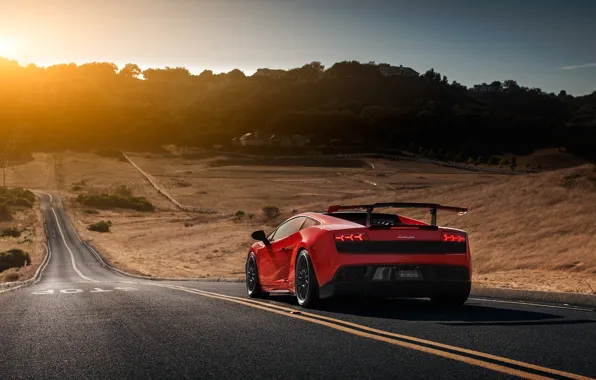 Picture Lamborghini, Red, Gallardo, Sun, Road, LP570-4, Supercar, Spoiler