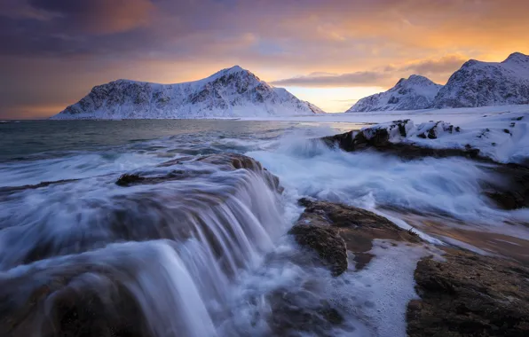 Sea, mountains, dawn, Norway, Norway, The Lofoten Islands, The Norwegian sea, Lofoten