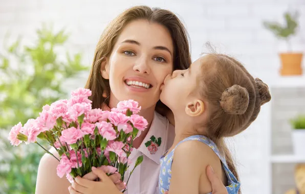 Love, flowers, tenderness, care, mom, daughter