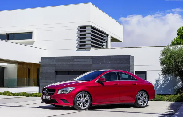 Picture Mercedes-Benz, Red, Auto, Day, The building, Sedan, Class, CLA