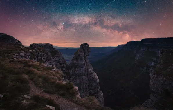 The sky, stars, mountains, night, rocks, height, The milky way